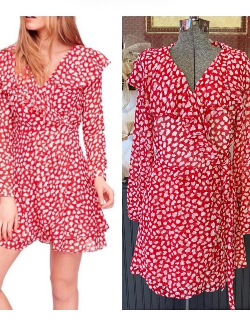 Free People Frenchie Red And White Wrap Dress ~ Size Large 💚🍄